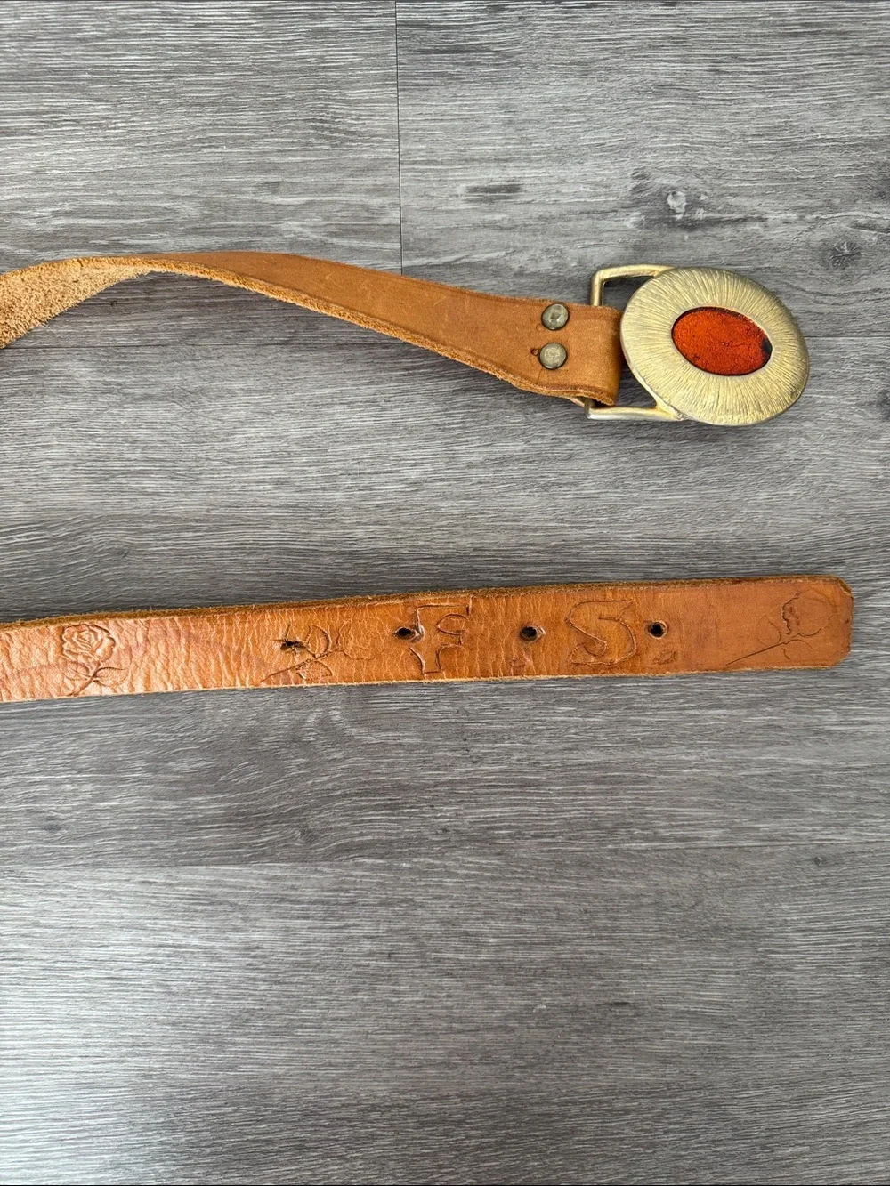 Vintage Handmade Tan Leather Belt with Gold & Red Sunburst Buckle
